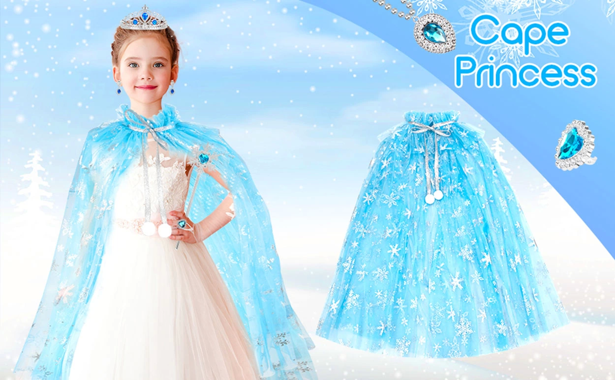 Karlar Ülkesi Elsa Frozen Mavi Pelerin – 80 Cm Kar Desenli Çocuk Pelerini ( Taç Hariç ) - Lisinya