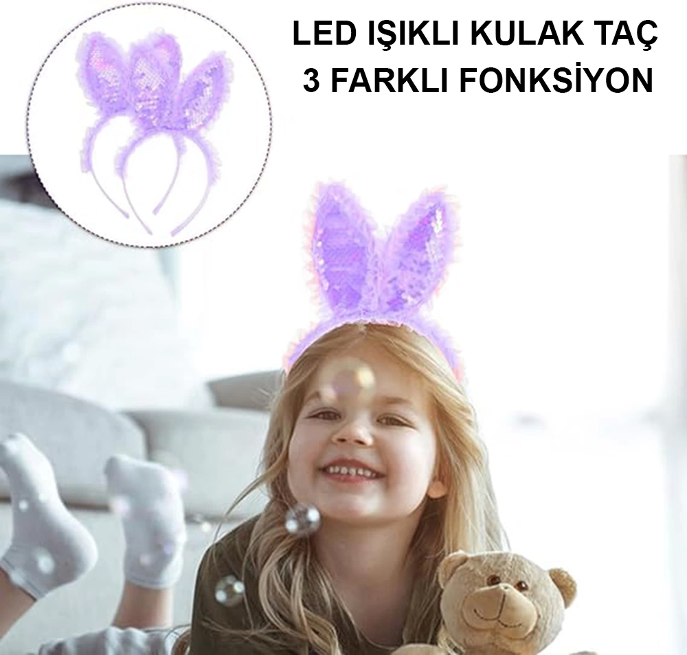 Kenarları Dantelli Mor Pullu Payetli Led Işıklı Tavşan Kulak Taç 23x19 Cm - Lisinya Kenarları Dantelli Mor Pullu Payetli Led Işıklı Tavşan Kulak Taç 23x19 Cm - Lisinya
