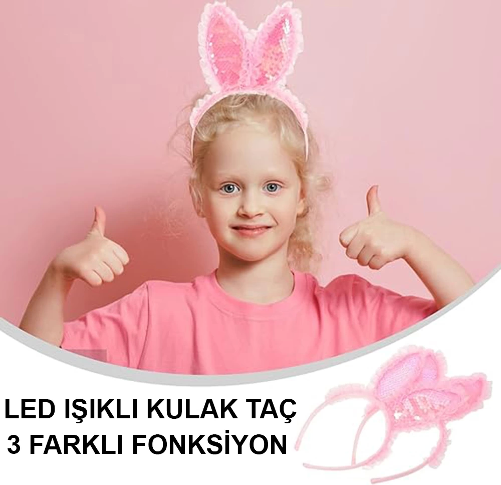 Kenarları Dantelli Pembe Pullu Payetli Led Işıklı Tavşan Kulak Taç 23x19 Cm - Lisinya Kenarları Dantelli Pembe Pullu Payetli Led Işıklı Tavşan Kulak Taç 23x19 Cm - Lisinya