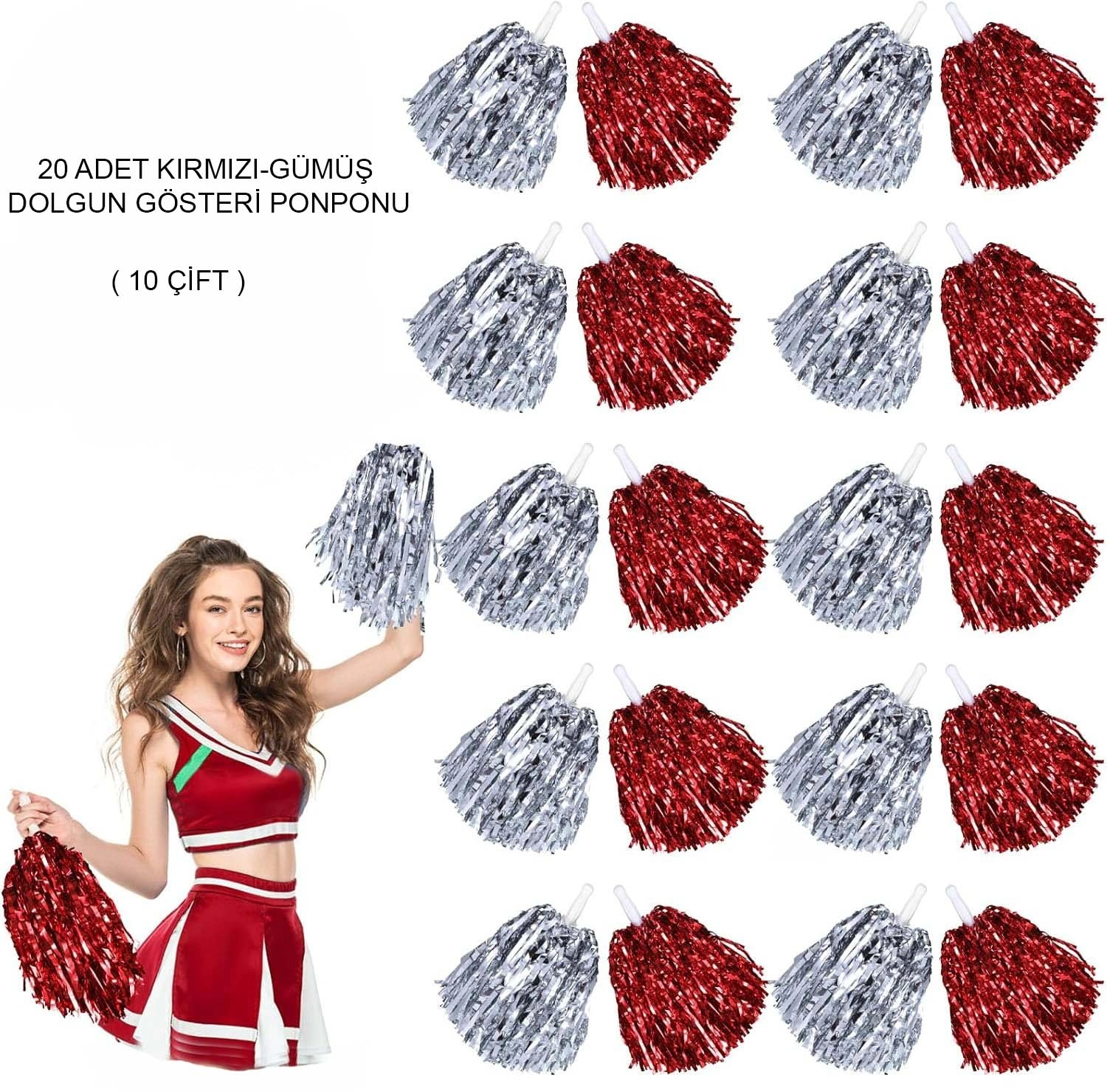 Kırmızı Gümüş Metalik Dolgun Gösteri Ponponu 20 Adet (10 Çift) - Lisinya