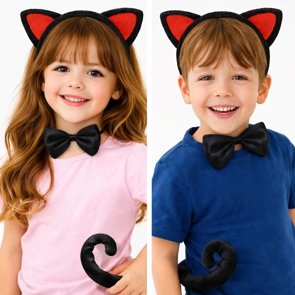 Kırmızı Kulaklı Kedi Kostüm Seti – Taç Papyon Kuyruk 3 Parça - Lisinya