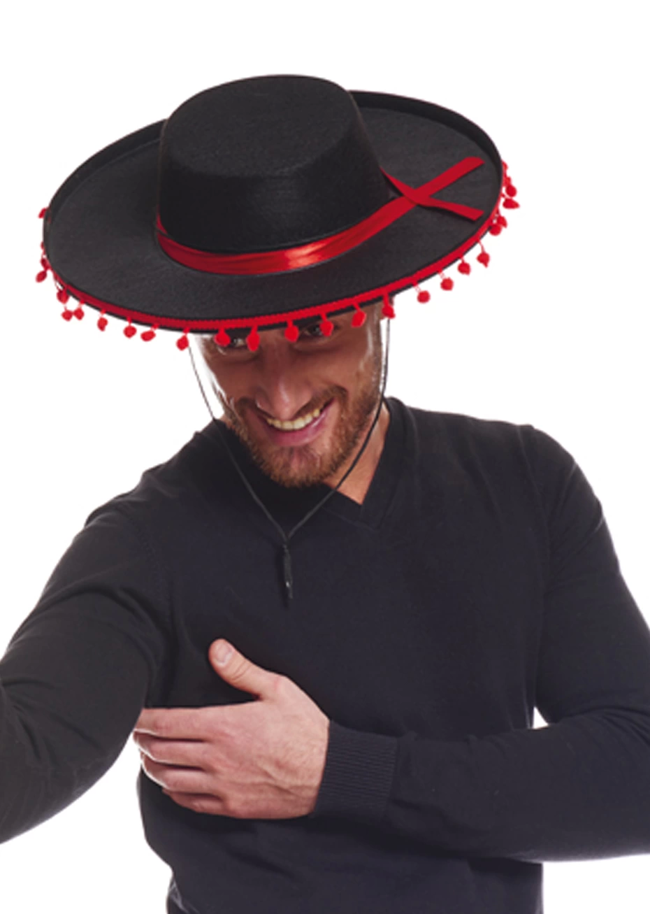 Kırmızı Ponponlu Siyah Renk Yetişkin İspanyol Şapkası - Lisinya