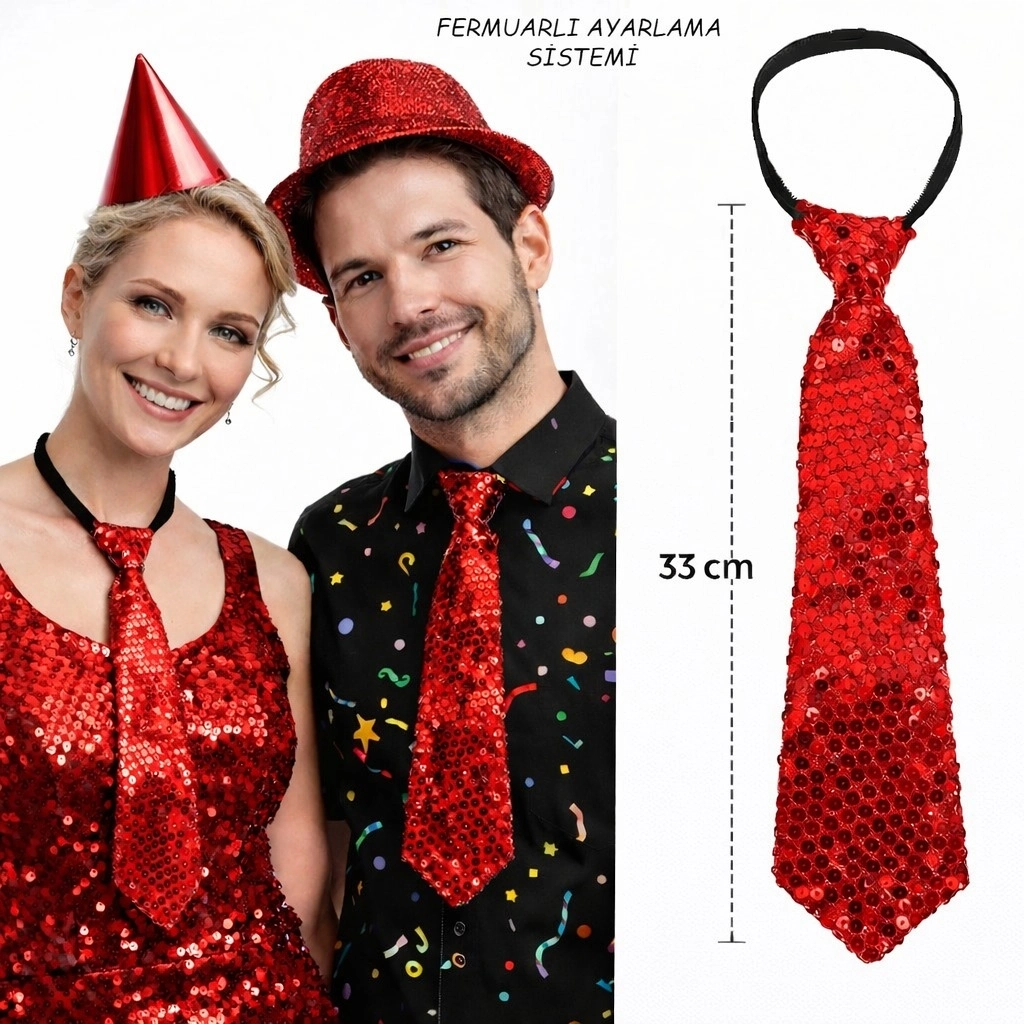 Kırmızı Pul Payetli Işıltılı Parti Kravatı 33 Cm - Lisinya