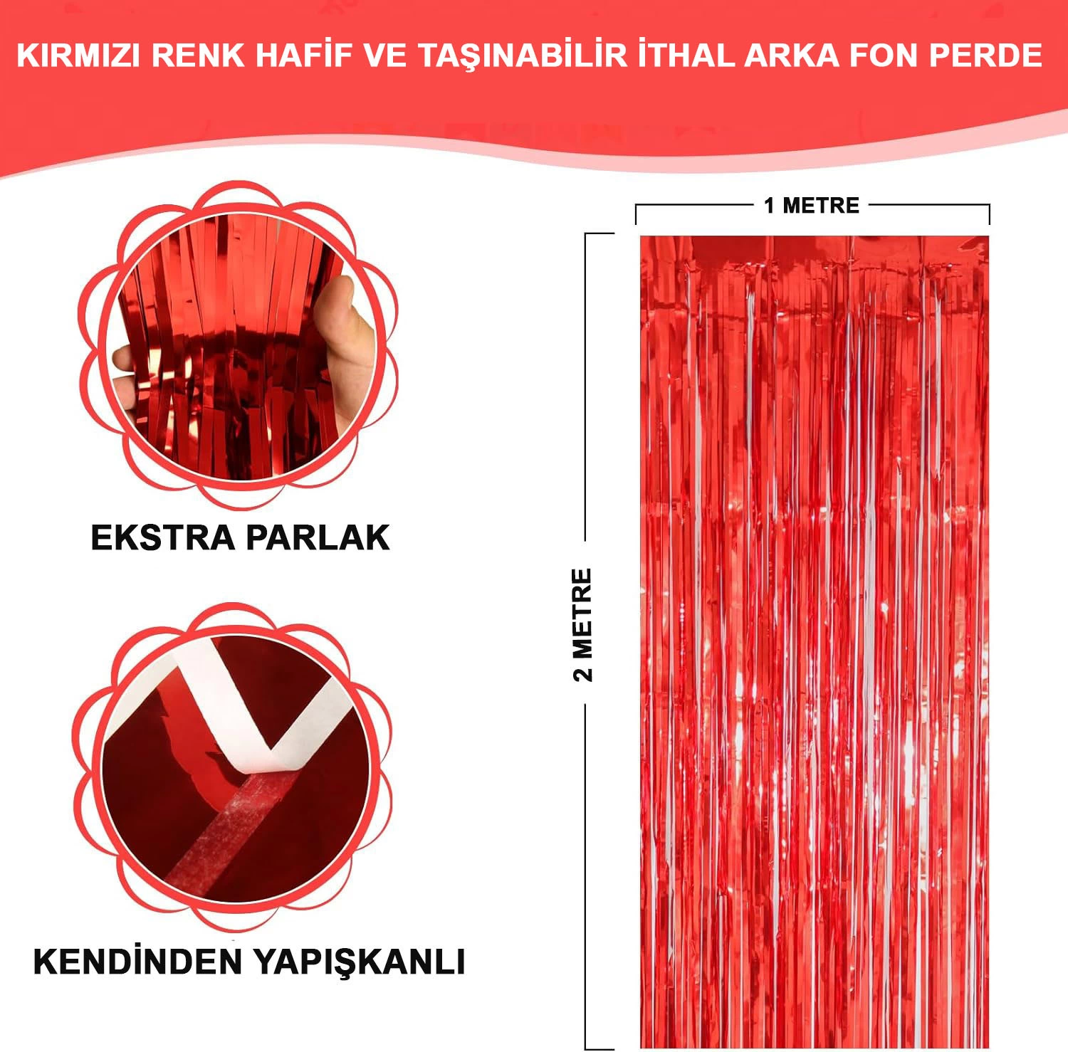 Kırmızı Renk Ekstra Metalize Parlak Saçaklı Arka Fon Perde İthal A Kalite 1x2 Metre - Lisinya Kırmızı Renk Ekstra Metalize Parlak Saçaklı Arka Fon Perde İthal A Kalite 1x2 Metre - Lisinya