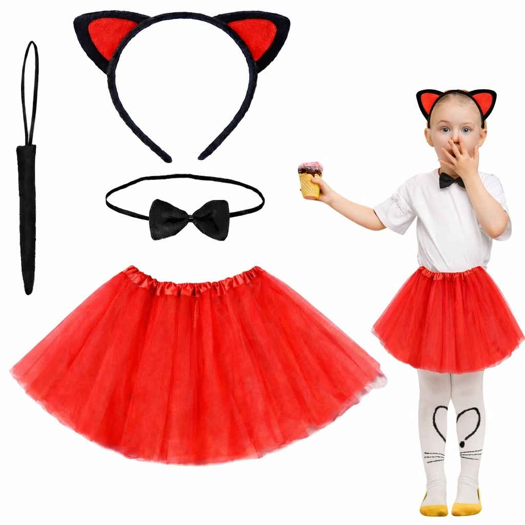Kırmızı Renk Etekli Kedi Kostüm Seti (tütü, Taç, Papyon, Kuyruk) - Lisinya