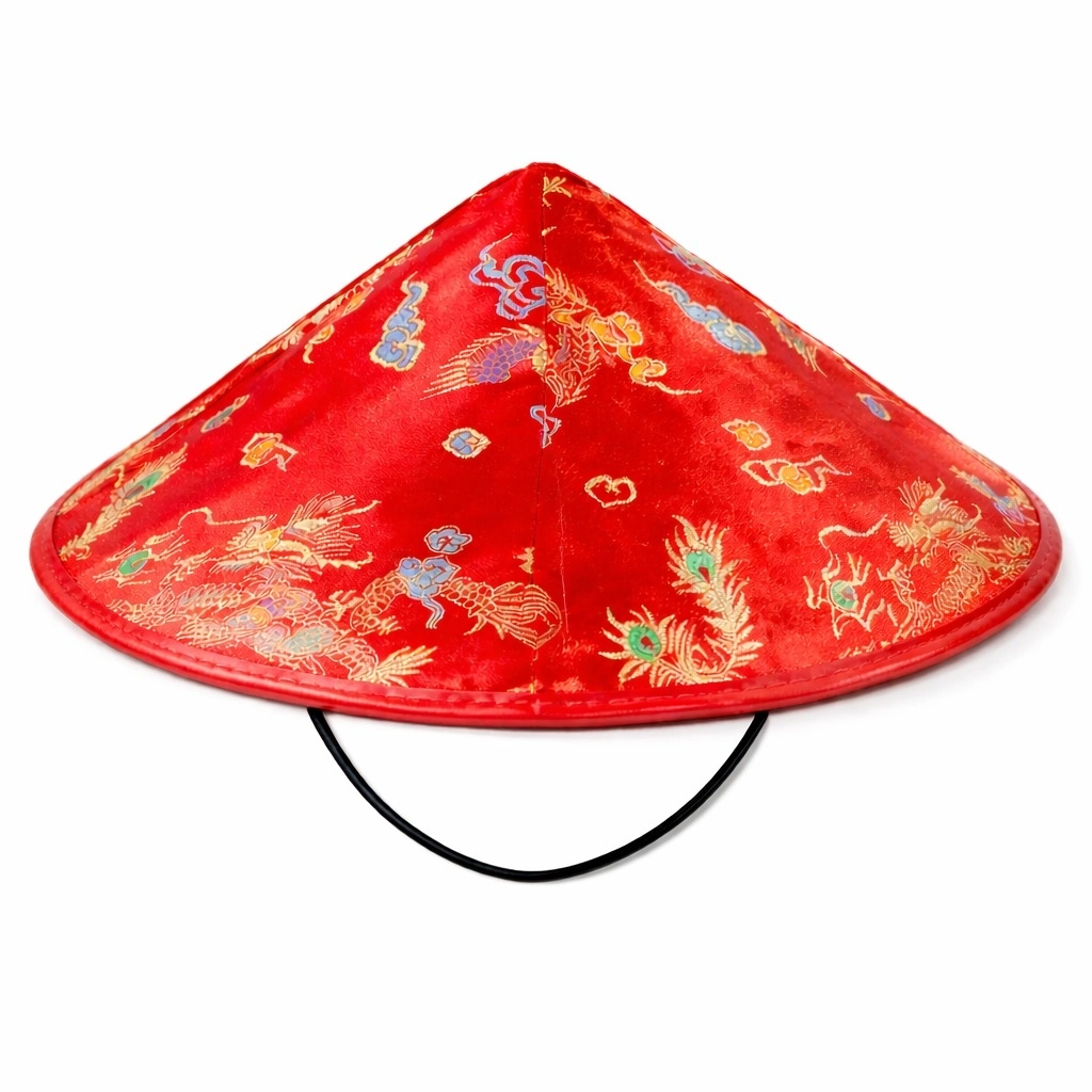 Kırmızı Saten Çin Desenli Dragon İşlemeli Şapka – Lastikli - Lisinya
