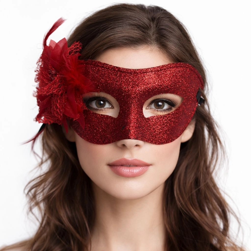 Kırmızı Simli Tüylü Balo Maskesi – Kadın Parti  Maskeli Balo Maskesi - Lisinya