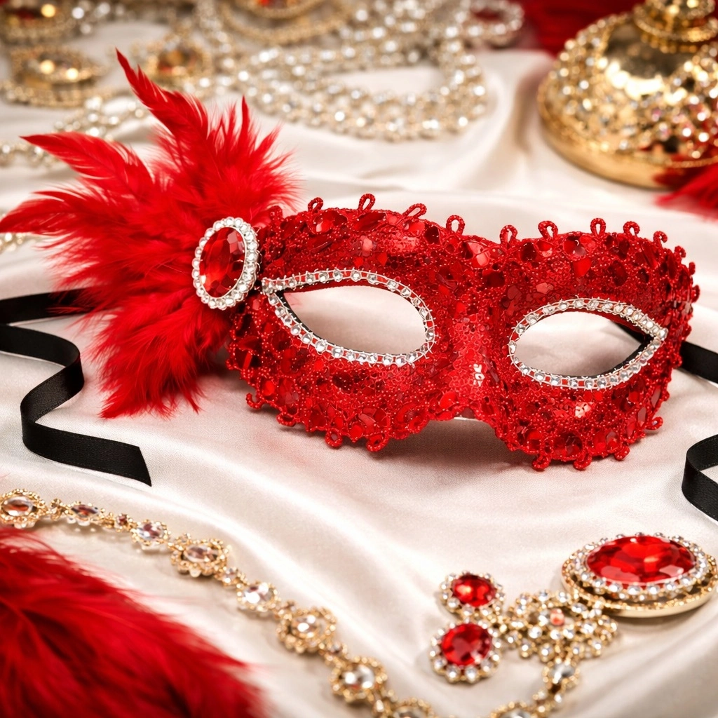 Kırmızı Taşlı Venedik Parti Maskesi – Tüylü Payetli - Lisinya
