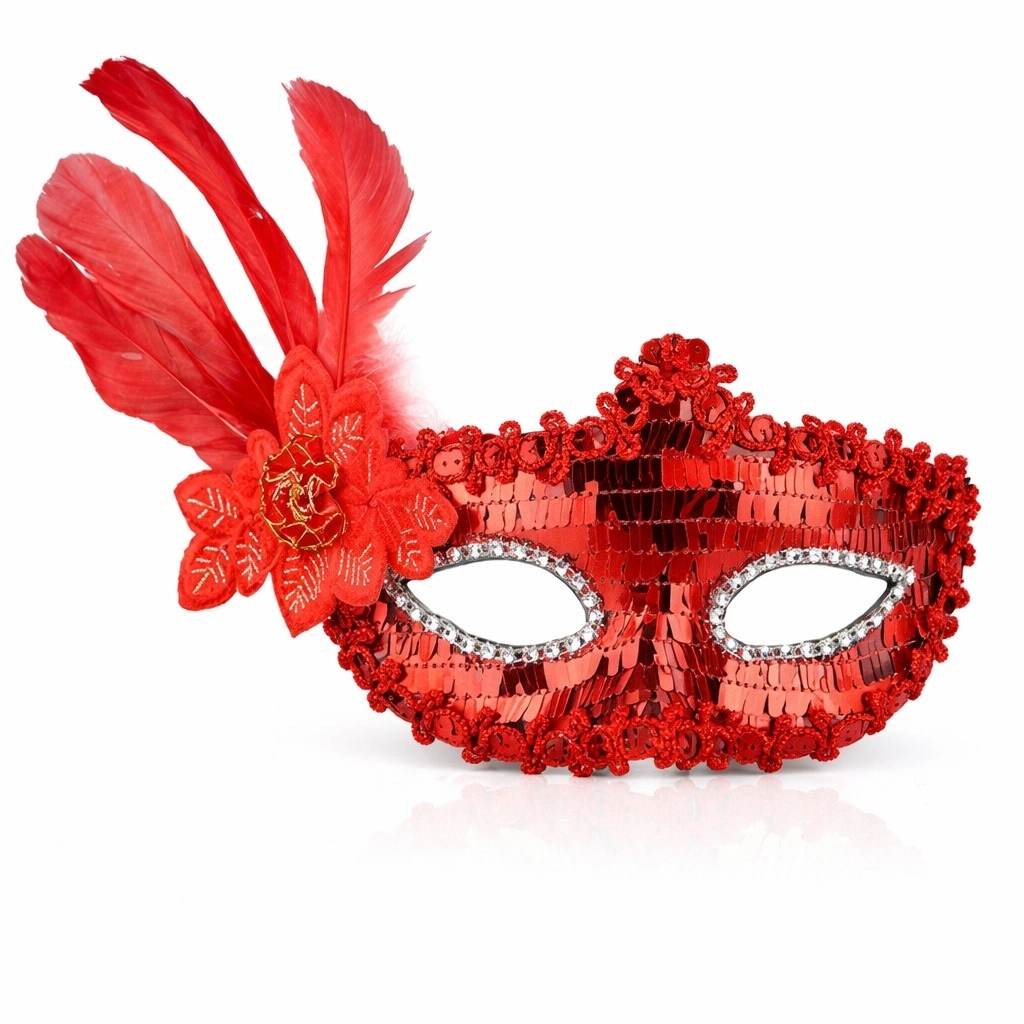 Kırmızı Tüylü Payetli Lüks Taşlı Parti Maskesi - Lisinya