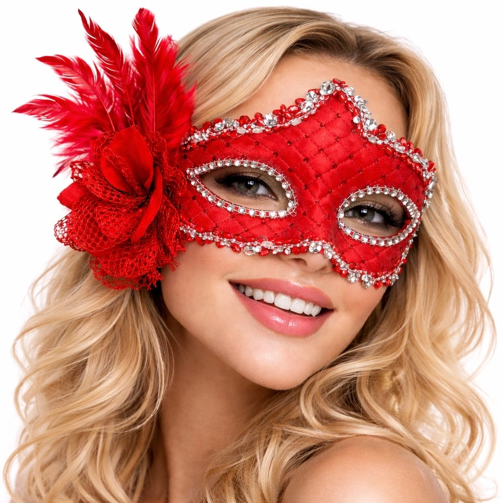 Kırmızı Tüylü Venedik Lüks Balo Maskesi - Lisinya