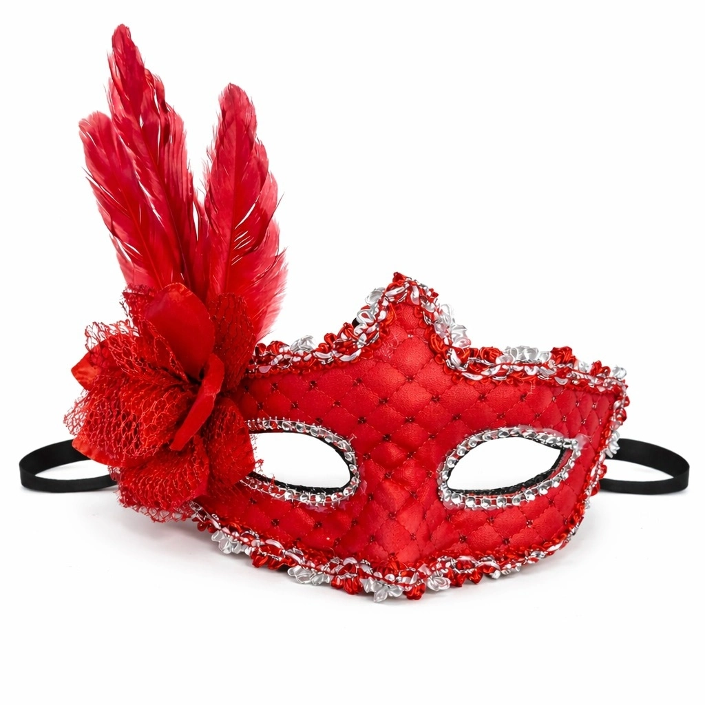 Kırmızı Tüylü Venedik Lüks Balo Maskesi - Lisinya
