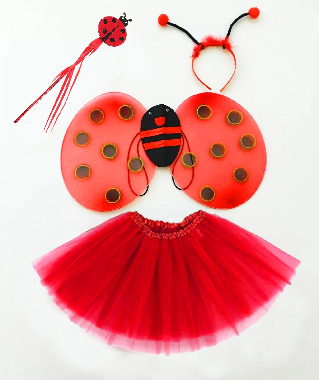 Kırmızı Uğur Böceği Ateş Böceği Kostüm Seti - (tütü, Kanat, Taç, Asa) - Lisinya