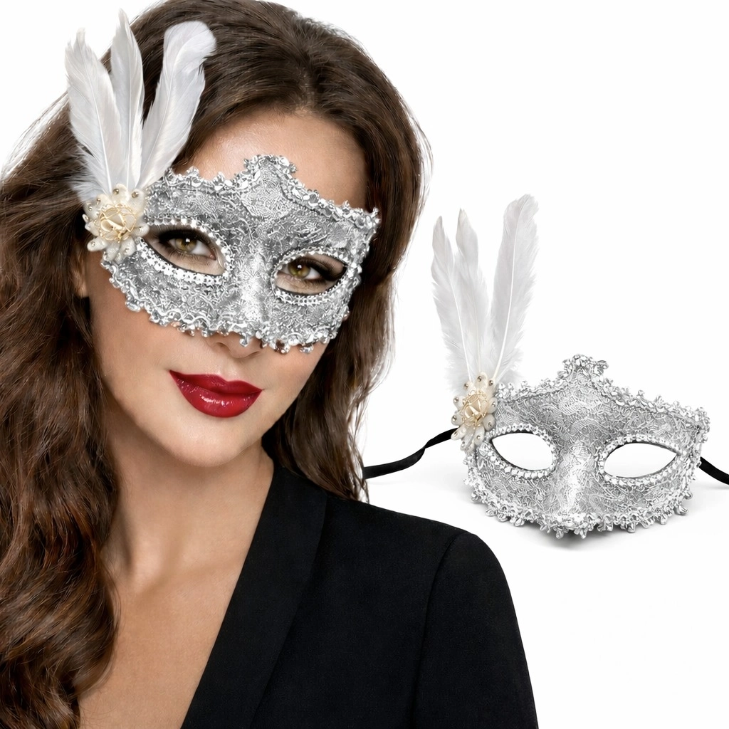 Lüks Beyaz Tüylü Venedik Maskesi – Taşlı Dantel Tasarım - Lisinya Lüks Beyaz Tüylü Venedik Maskesi – Taşlı Dantel Tasarım - Lisinya