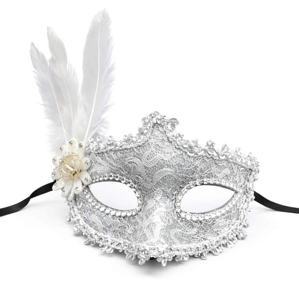 Lüks Beyaz Tüylü Venedik Maskesi – Taşlı Dantel Tasarım - Lisinya