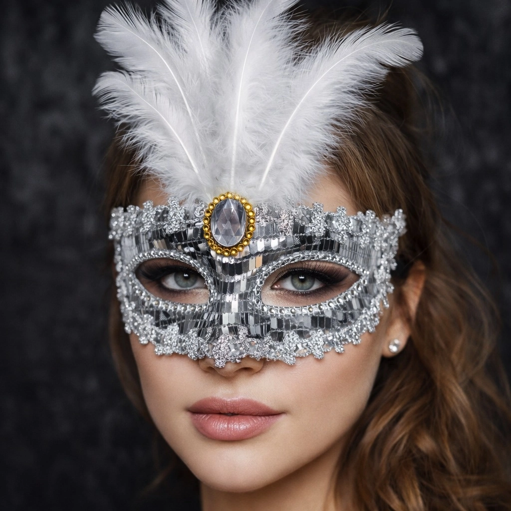 Lüks Gümüş Tüylü Taşlı Balo Maskesi - Lisinya Lüks Gümüş Tüylü Taşlı Balo Maskesi - Lisinya