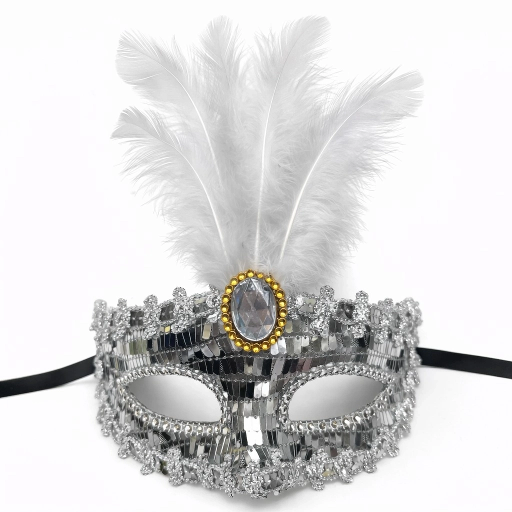 Lüks Gümüş Tüylü Taşlı Balo Maskesi - Lisinya