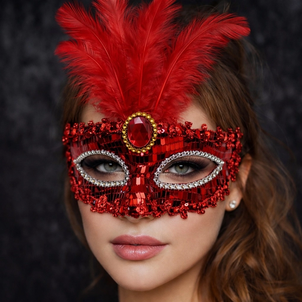 Lüks Kırmızı Tüylü Taşlı Balo Maskesi - Lisinya Lüks Kırmızı Tüylü Taşlı Balo Maskesi - Lisinya