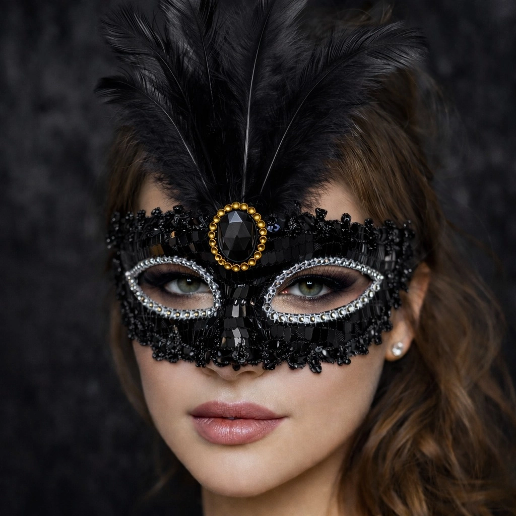 Lüks Siyah Tüylü Taşlı Balo Maskesi - Lisinya Lüks Siyah Tüylü Taşlı Balo Maskesi - Lisinya