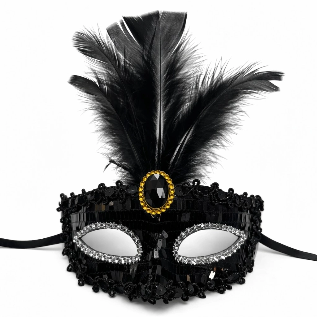 Lüks Siyah Tüylü Taşlı Balo Maskesi - Lisinya