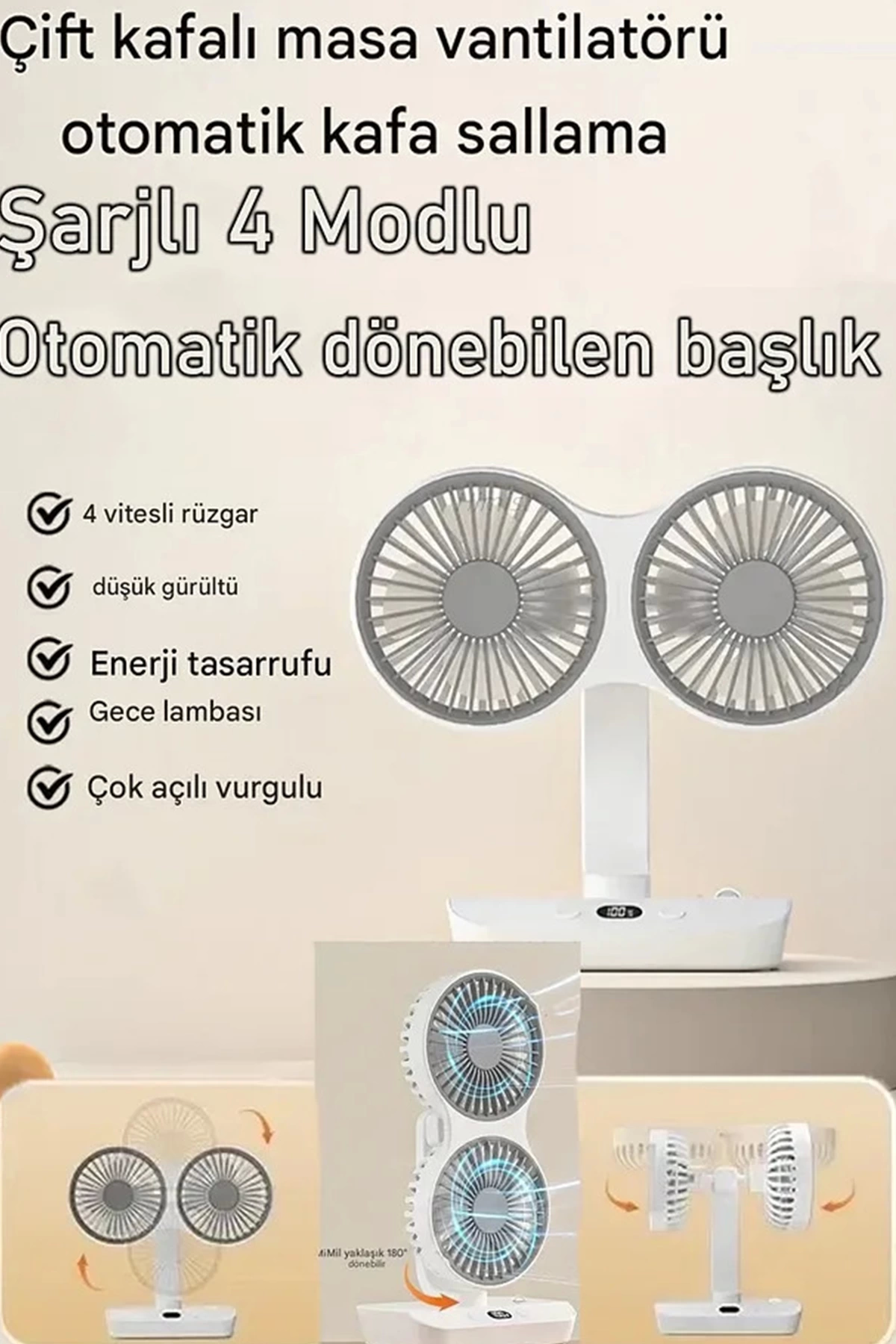 Masaüstü Dijital Ekranlı Çift Fanlı Led Işıklı Soğutucu Fan Ev Ofis Şarjlı Vantilatör - Lisinya