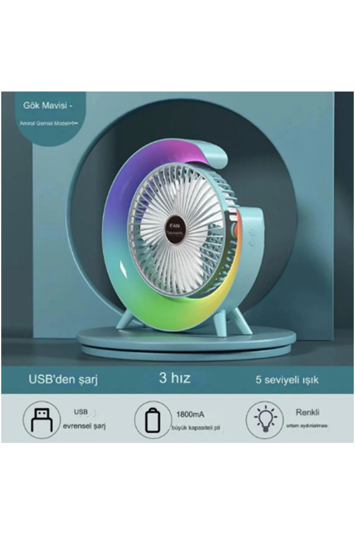 Masaüstü Vantilatör Usb Şarjlı Rgb Led Işıklı 3 Kademeli 180° Ayarlanabilir Soğutucu Fan Mavi - Lisinya Masaüstü Vantilatör Usb Şarjlı Rgb Led Işıklı 3 Kademeli 180° Ayarlanabilir Soğutucu Fan Mavi - Lisinya
