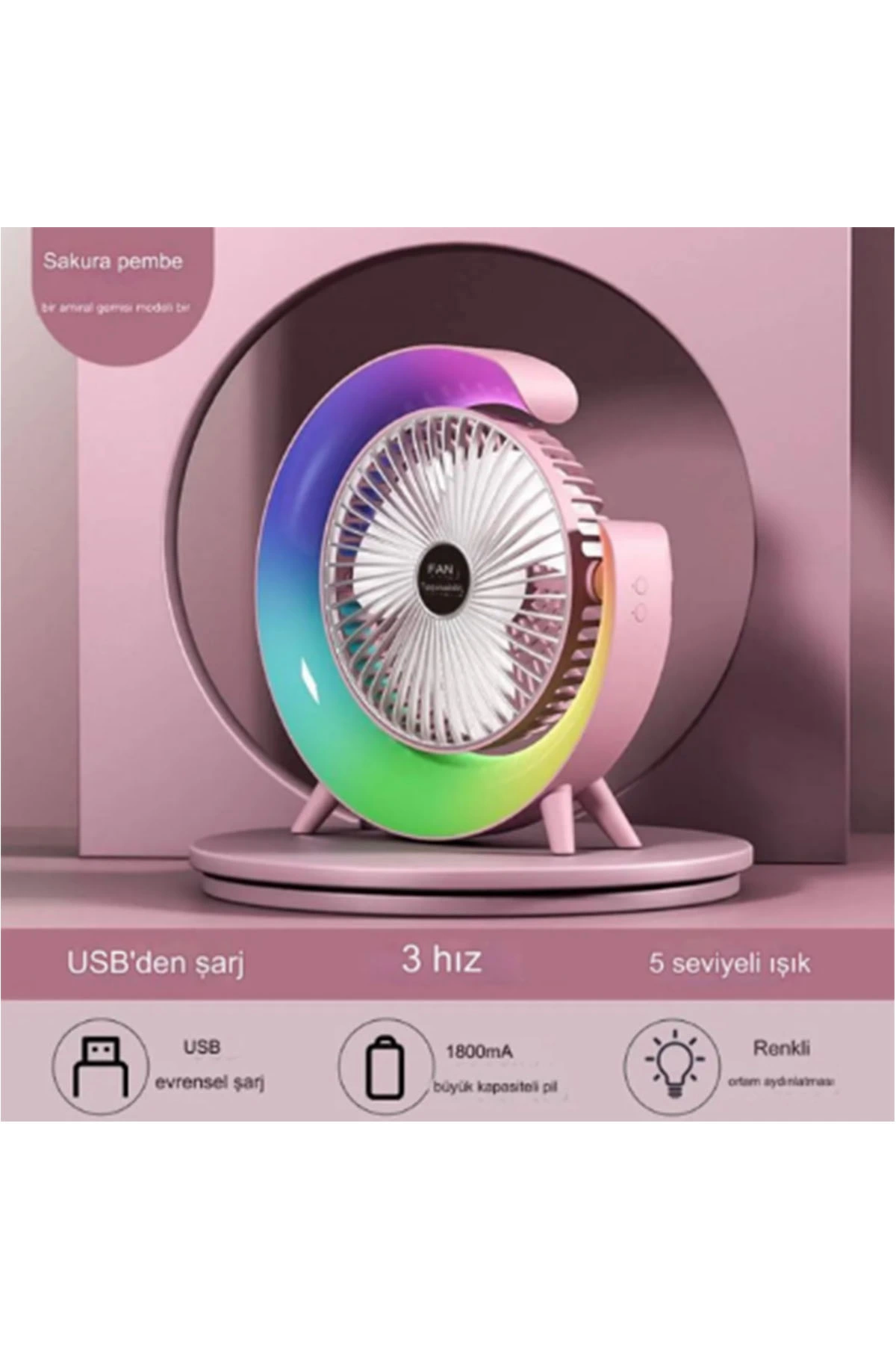 Masaüstü Vantilatör Usb Şarjlı Rgb Led Işıklı 3 Kademeli 180° Ayarlanabilir Soğutucu Fan Pembe - Lisinya Masaüstü Vantilatör Usb Şarjlı Rgb Led Işıklı 3 Kademeli 180° Ayarlanabilir Soğutucu Fan Pembe - Lisinya