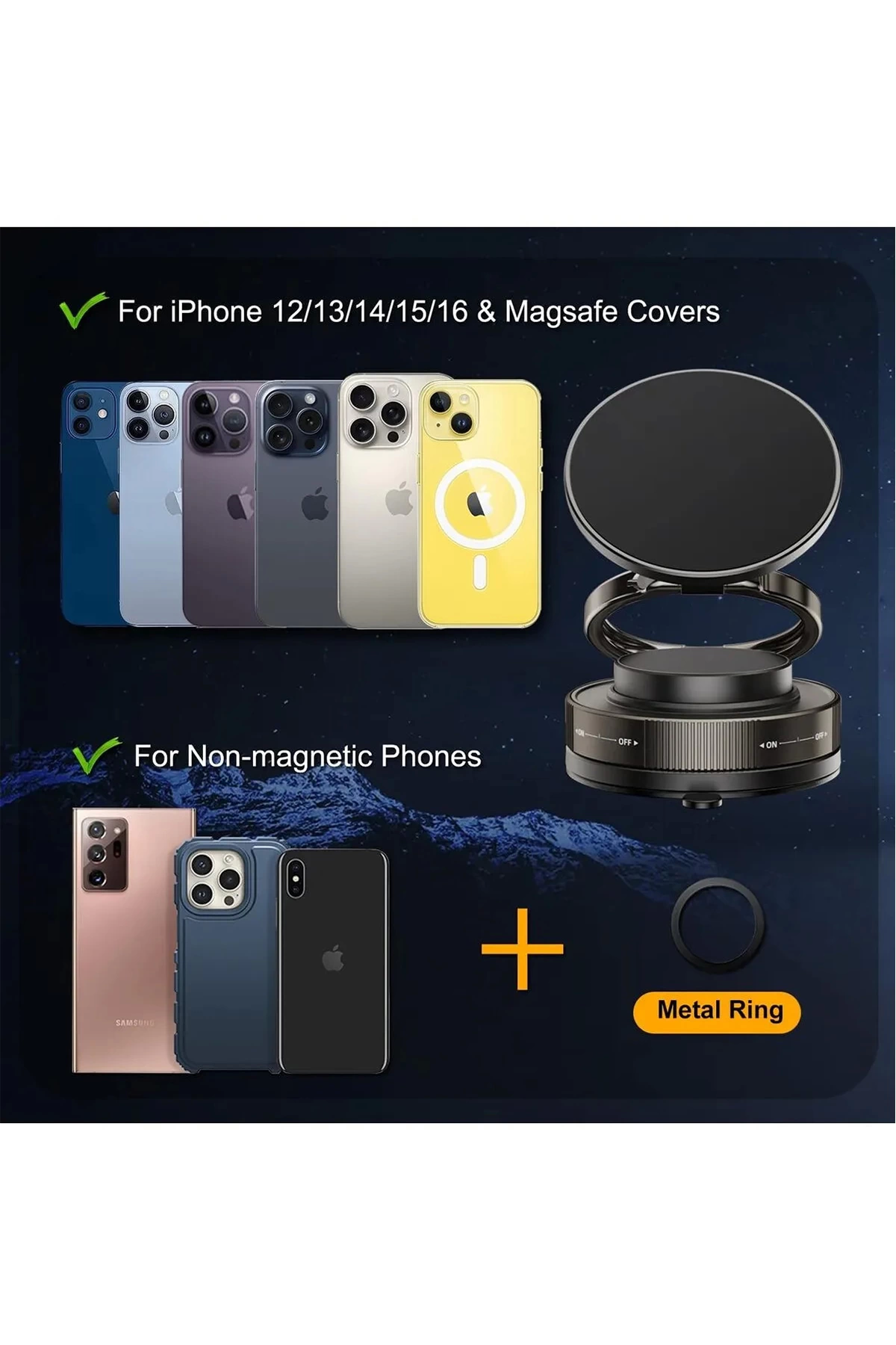 Metalik Magsafe Telefon Tutucu Tüm Yüzeylerle Uyumlu Vakumlu 360 Dönen Oynar Başlık - Lisinya Metalik Magsafe Telefon Tutucu Tüm Yüzeylerle Uyumlu Vakumlu 360 Dönen Oynar Başlık - Lisinya