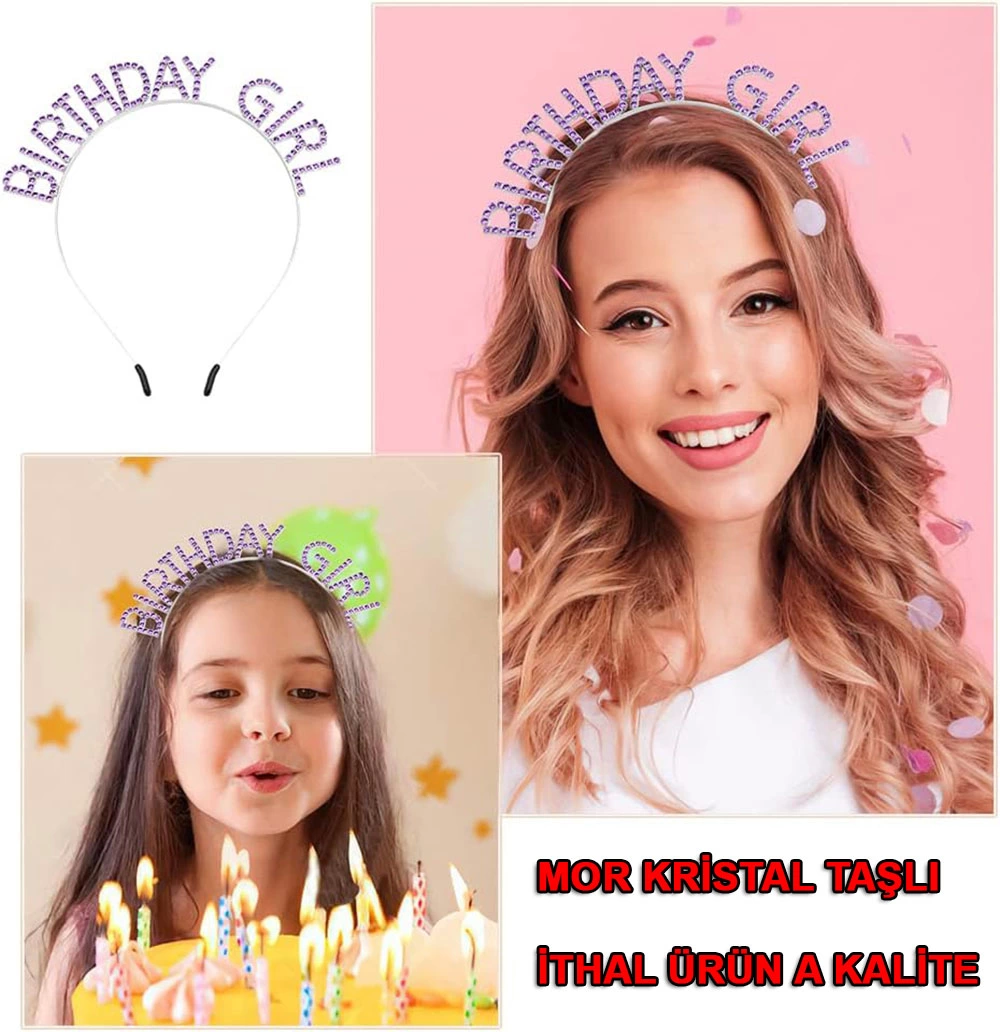 Mor Renk Kristal Taşlı Parlak Birthday Girl Yazılı Taç 16x17 Cm - Lisinya