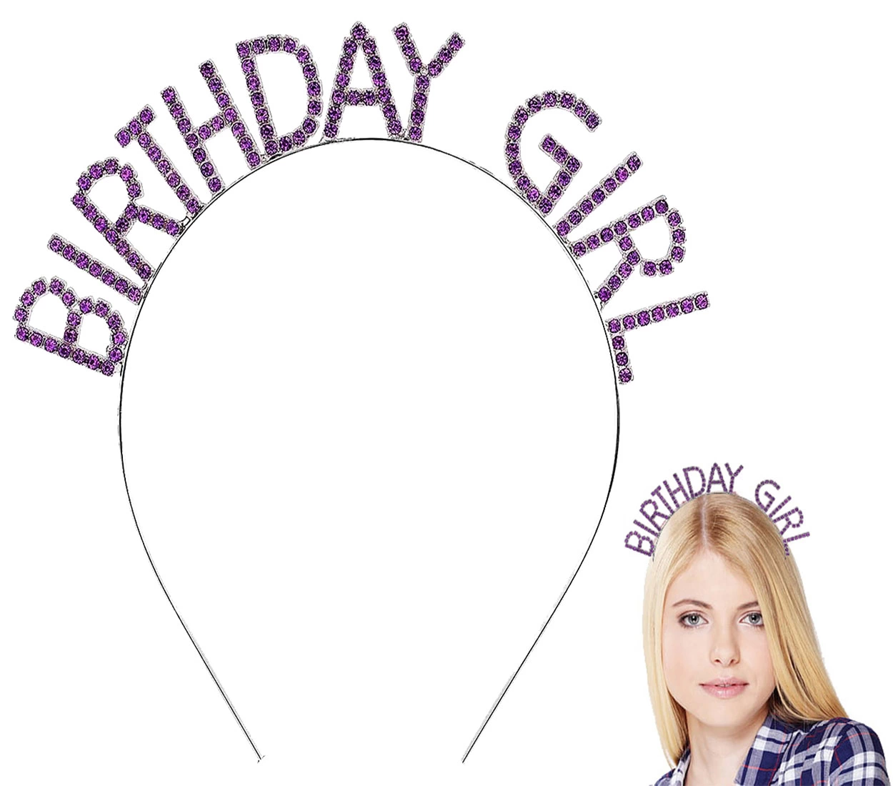 Mor Renk Kristal Taşlı Parlak Birthday Girl Yazılı Taç 16x17 Cm - Lisinya