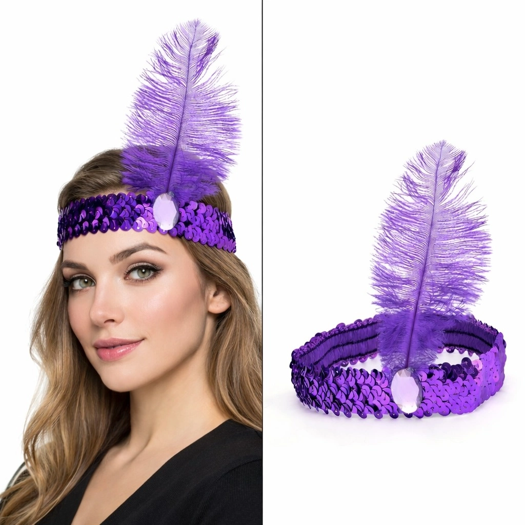 Mor Tüylü Retro Charleston Saç Bandı - 70-80-90’lar Parti Tacı - Lisinya