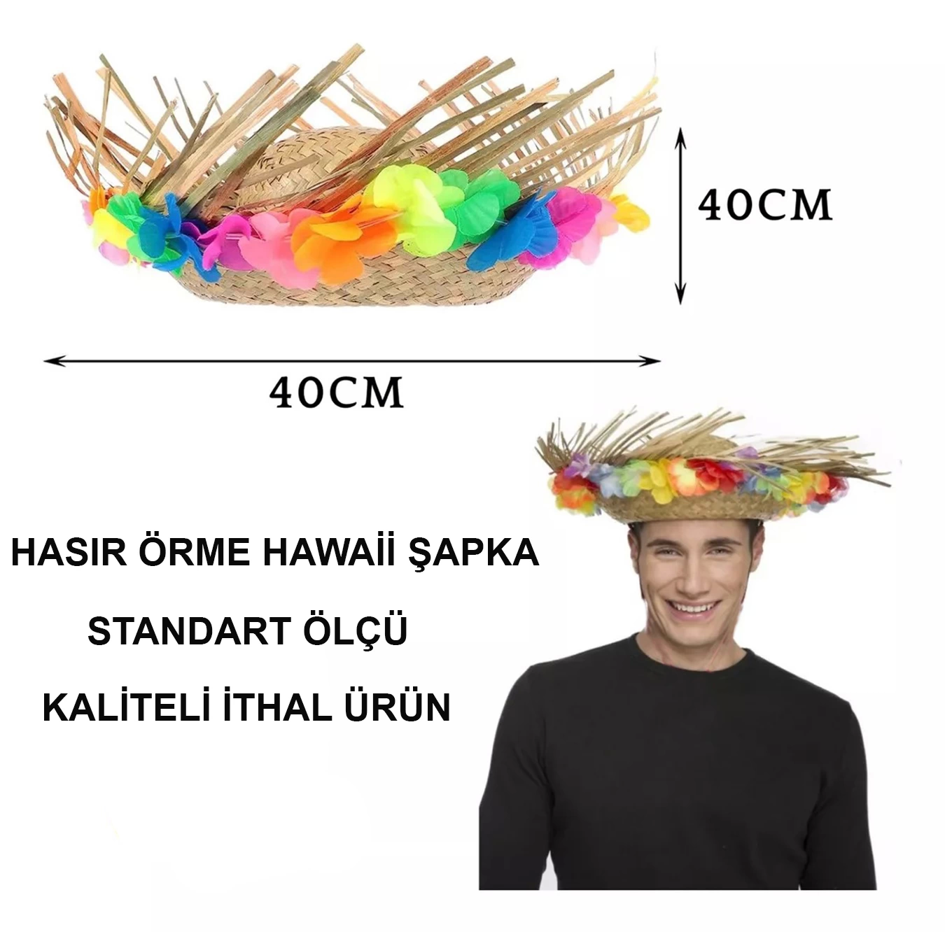 Naturel Renk Püsküllü Örme Hasır Hawaii Luau Aloha Şapka 13x36 Cm - Lisinya