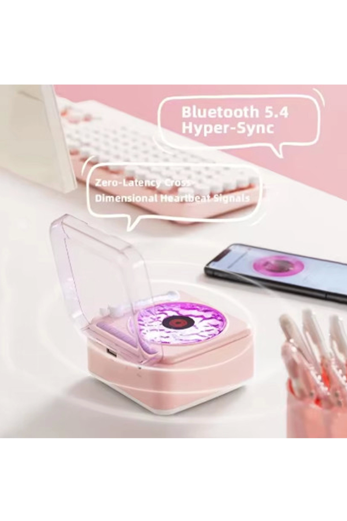 Nostalji Mini Plak Görünümlü Radyolu Bluetooth Hoparlör 3d Ses Dalgası Retro Müzik Plak Pembe - Lisinya