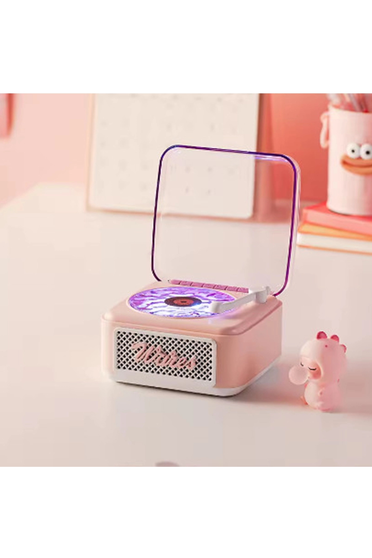 Nostalji Mini Plak Görünümlü Radyolu Bluetooth Hoparlör 3d Ses Dalgası Retro Müzik Plak Pembe - Lisinya