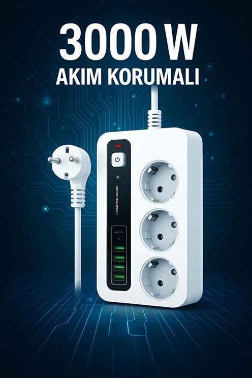 P10 3x Priz 3000w Akım Korumalı 4x Usb 2x Type-c Girişli Çoklu Priz - Lisinya