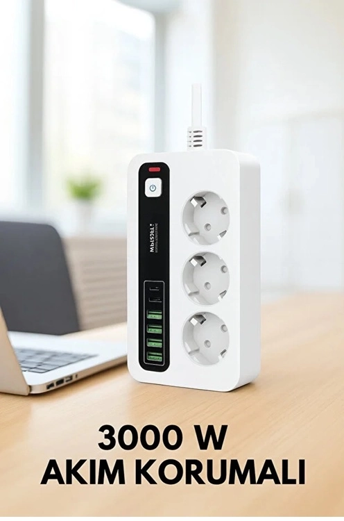 P10 3x Priz 3000w Akım Korumalı 4x Usb 2x Type-c Girişli Çoklu Priz - Lisinya