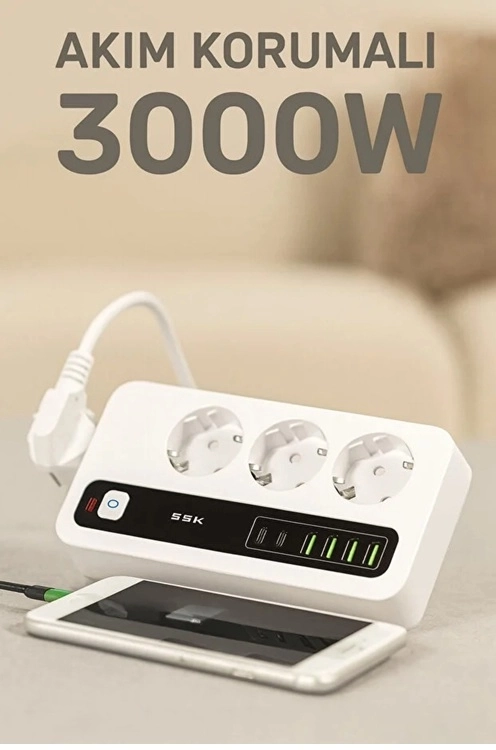P10 3x Priz 3000w Akım Korumalı 4x Usb 2x Type-c Girişli Çoklu Priz - Lisinya