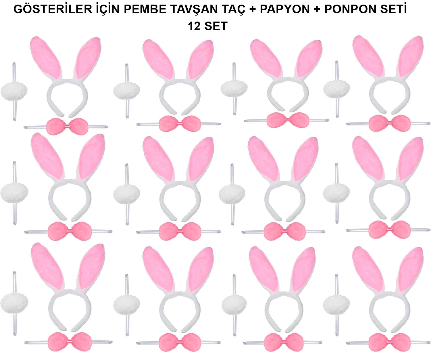 Pembe Tavşan Kostüm Seti – Taç, Papyon, Ponpon (12’li Paket) - Lisinya Pembe Tavşan Kostüm Seti – Taç, Papyon, Ponpon (12’li Paket) - Lisinya