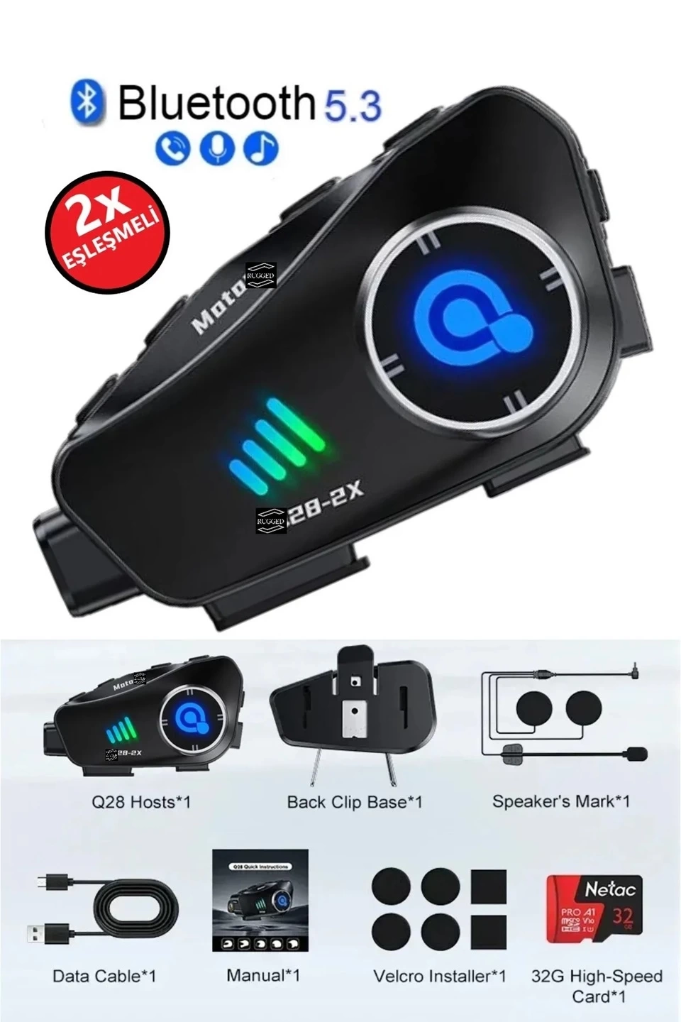 Q28 2x 2 Eşleşmeli Motosiklet Kask Bluetooth Kulaklık 1080p Kamera Su Geçirmez Intercom - Lisinya