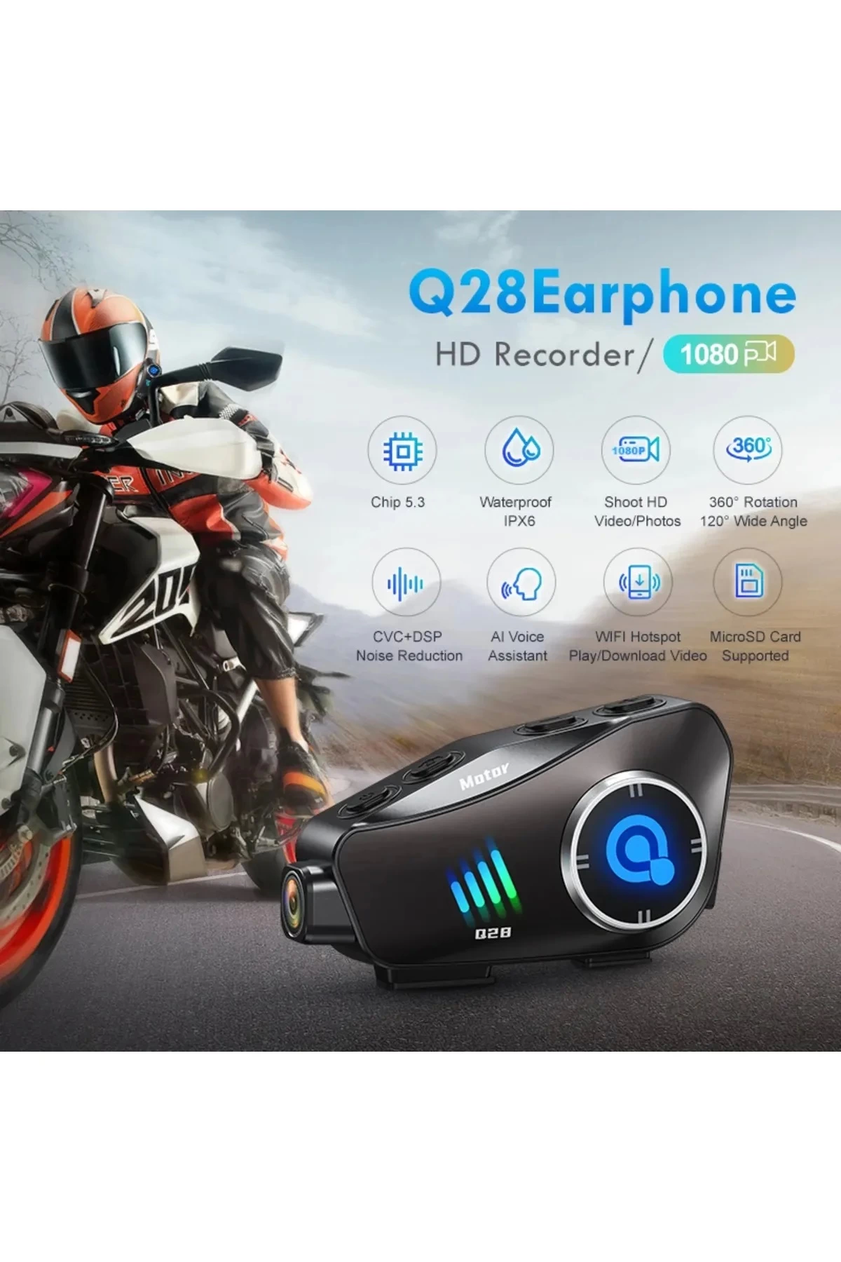 Q28 Motosiklet Kask Bluetooth Kulaklık 1080p Kamera Interkom Kulaklık Su Geçirmez Intercom - Lisinya