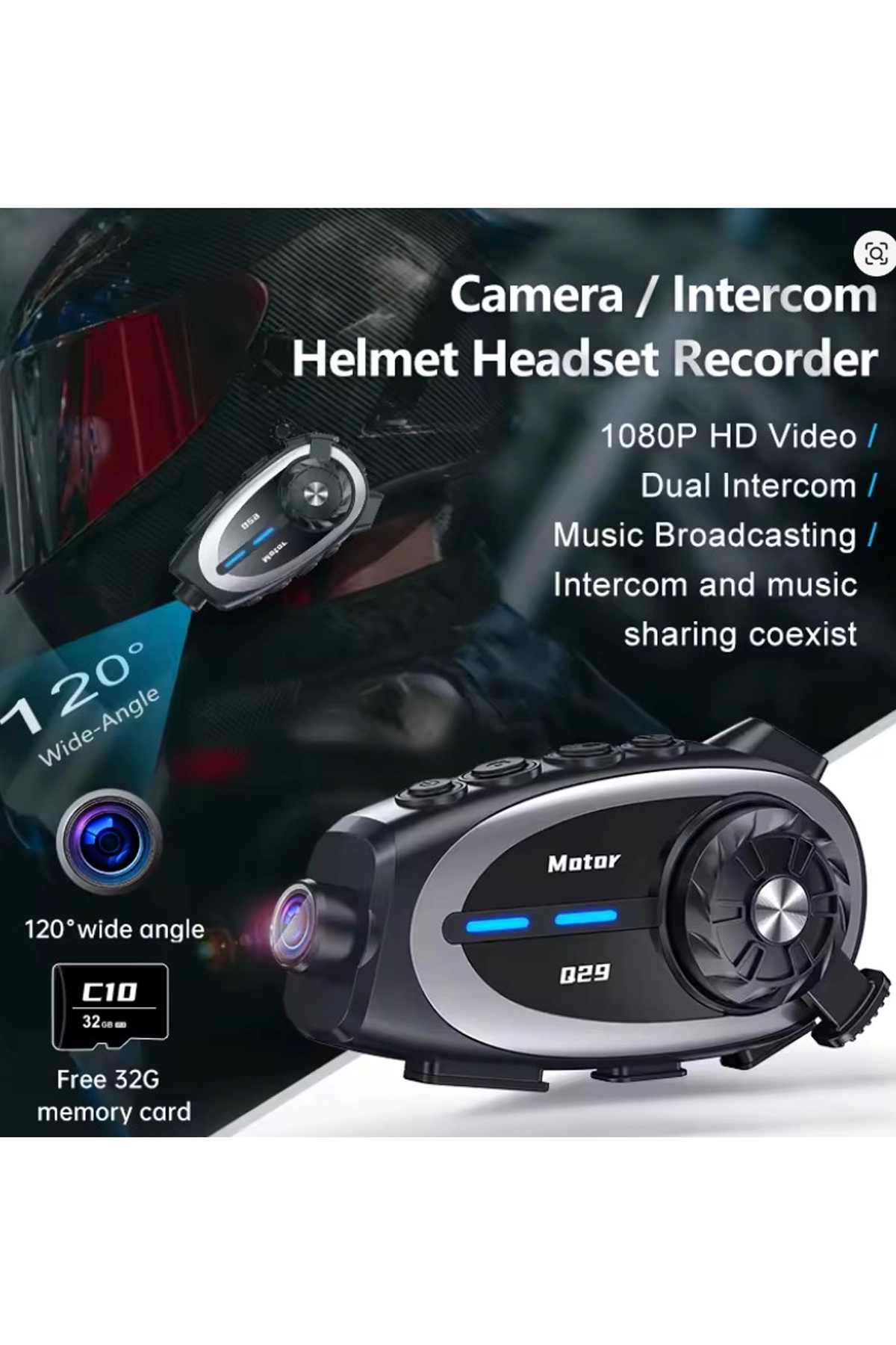 Q29 Motosiklet Kask Bluetooth Kulaklık Eşleşmeli 1080p Kamera Geniş Açı Su Geçirmez Intercom - Lisinya