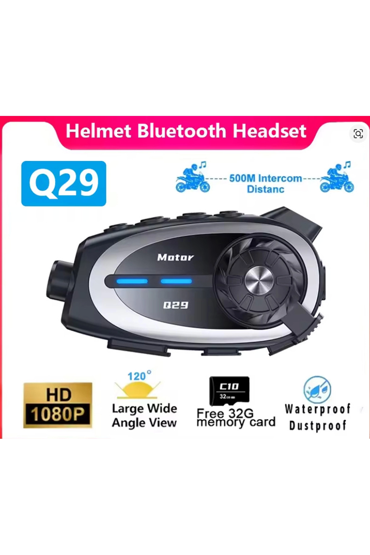 Q29 Motosiklet Kask Bluetooth Kulaklık Eşleşmeli 1080p Kamera Geniş Açı Su Geçirmez Intercom - Lisinya