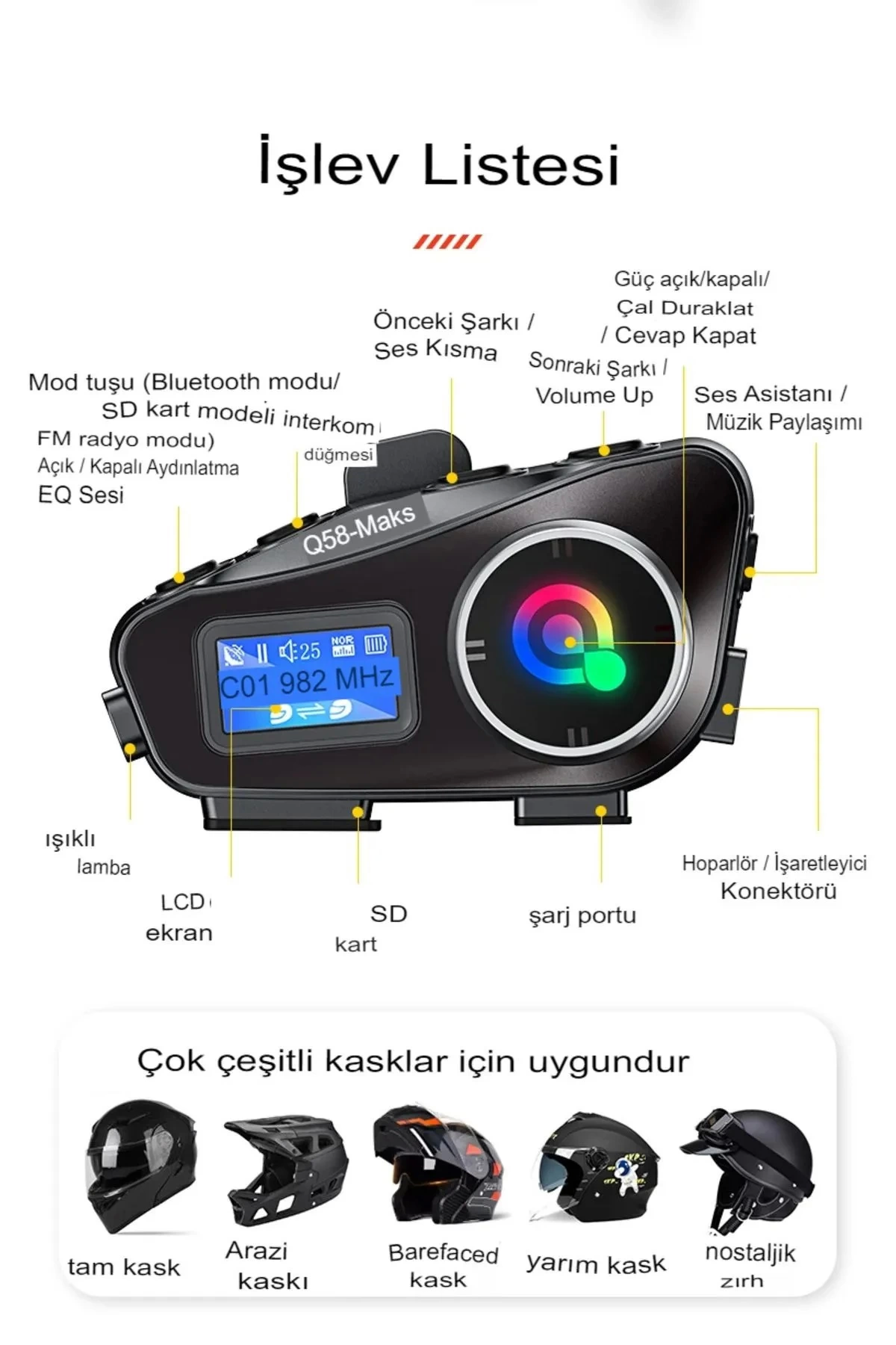 Q58-max Radyolu 2 Kişi Bağlantılı Bluetooth Kask Kulaklık Ekranlı Fenerli Müzik Ve Telsiz Intercom - Lisinya Q58-max Radyolu 2 Kişi Bağlantılı Bluetooth Kask Kulaklık Ekranlı Fenerli Müzik Ve Telsiz Intercom - Lisinya