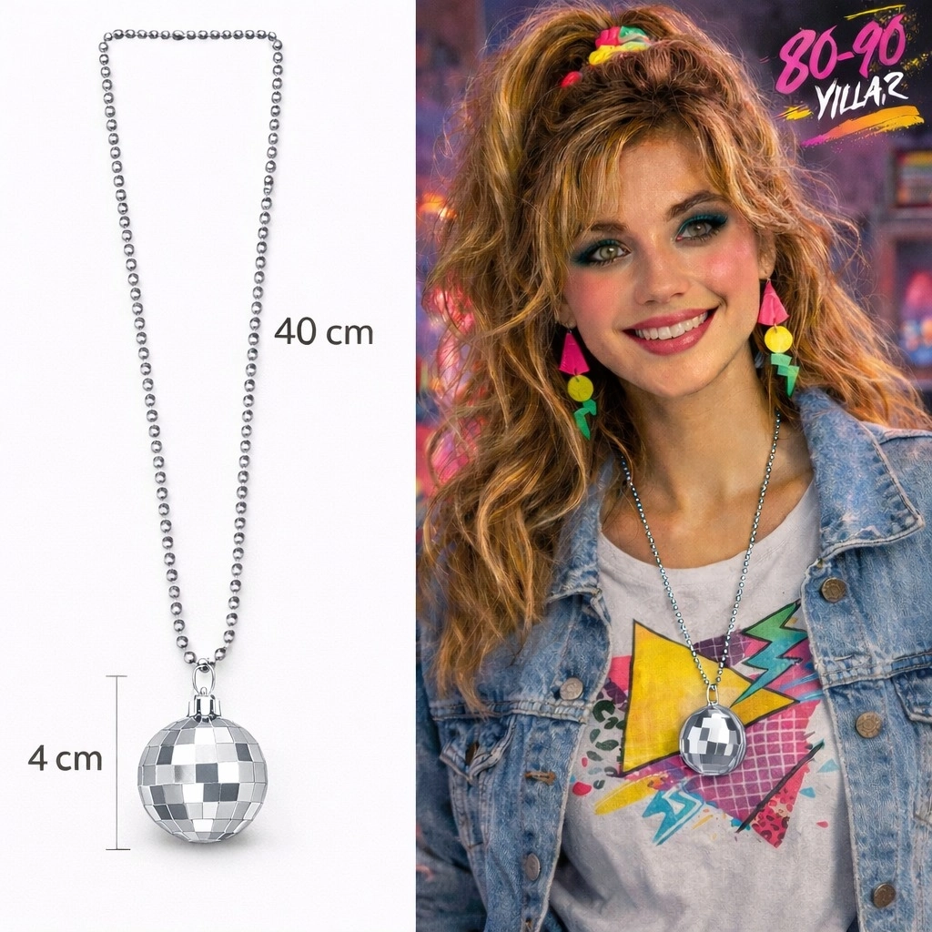 Retro Disko Topu Şekilli 8039ler 9039lar Gümüş Renk Plastik Kolye - Lisinya