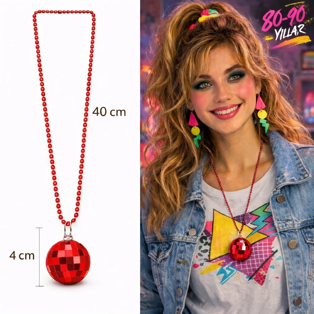 Retro Disko Topu Şekilli 8039ler 9039lar Kırmızı Renk Plastik Kolye - Lisinya