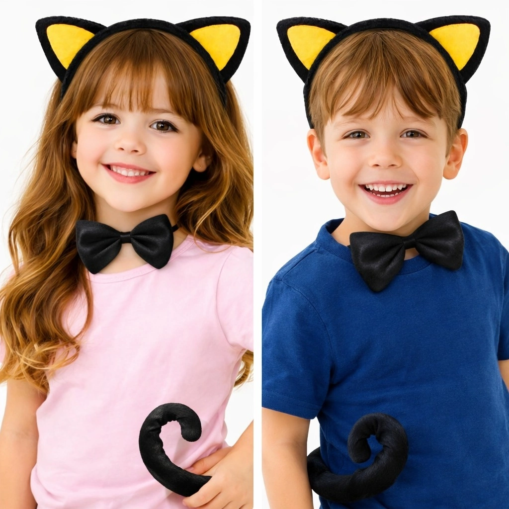 Sarı Kulaklı Kedi Kostüm Seti – Taç Papyon Kuyruk 3 Parça - Lisinya