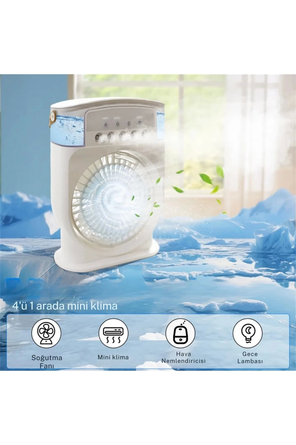 Şarjlı 600 Ml Su Hazneli Taşınabilir Masaüstü Vanilatör  Güçlü Fan Ve 2000 Mah Pil Beyaz - Lisinya