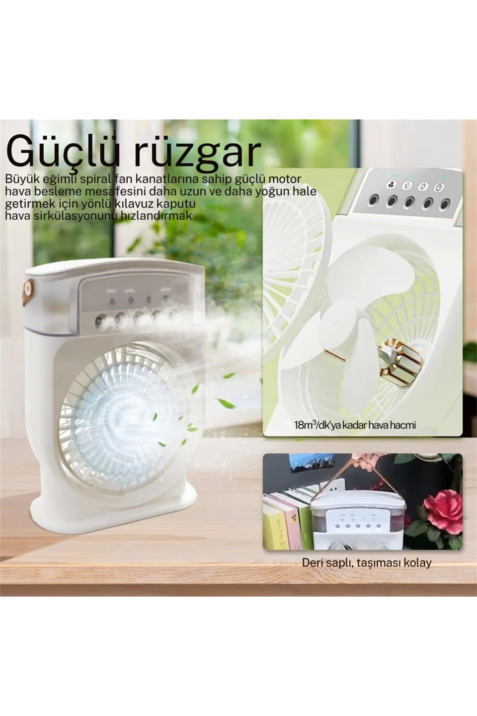 Şarjlı 600 Ml Su Hazneli Taşınabilir Masaüstü Vanilatör  Güçlü Fan Ve 2000 Mah Pil Beyaz - Lisinya