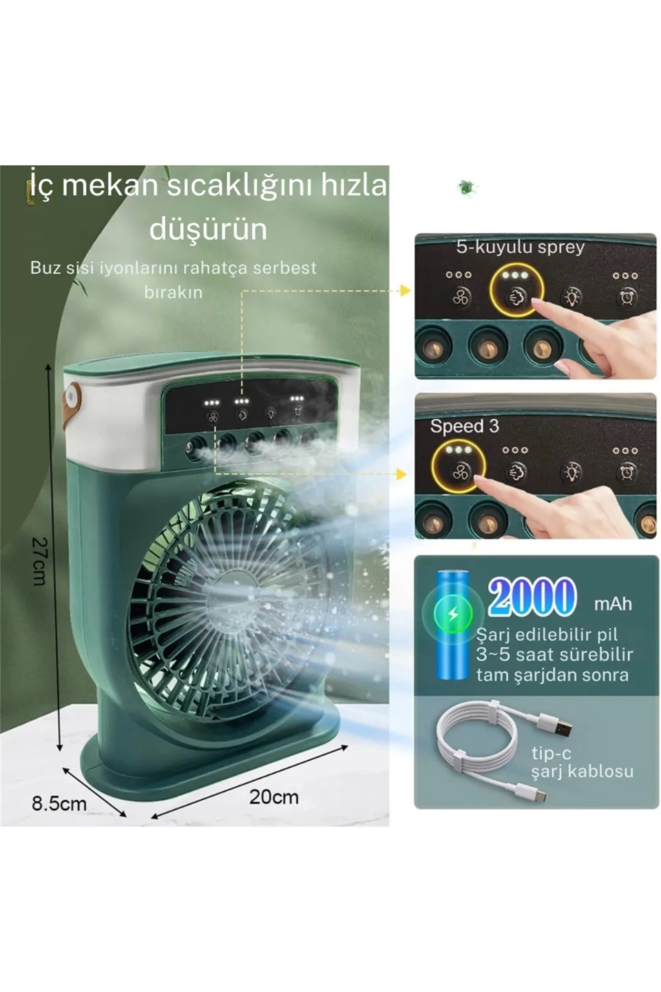 Şarjlı 600 Ml Su Hazneli Taşınabilir Masaüstü Vanilatör  Güçlü Fan Ve 2000 Mah Pil Beyaz - Lisinya