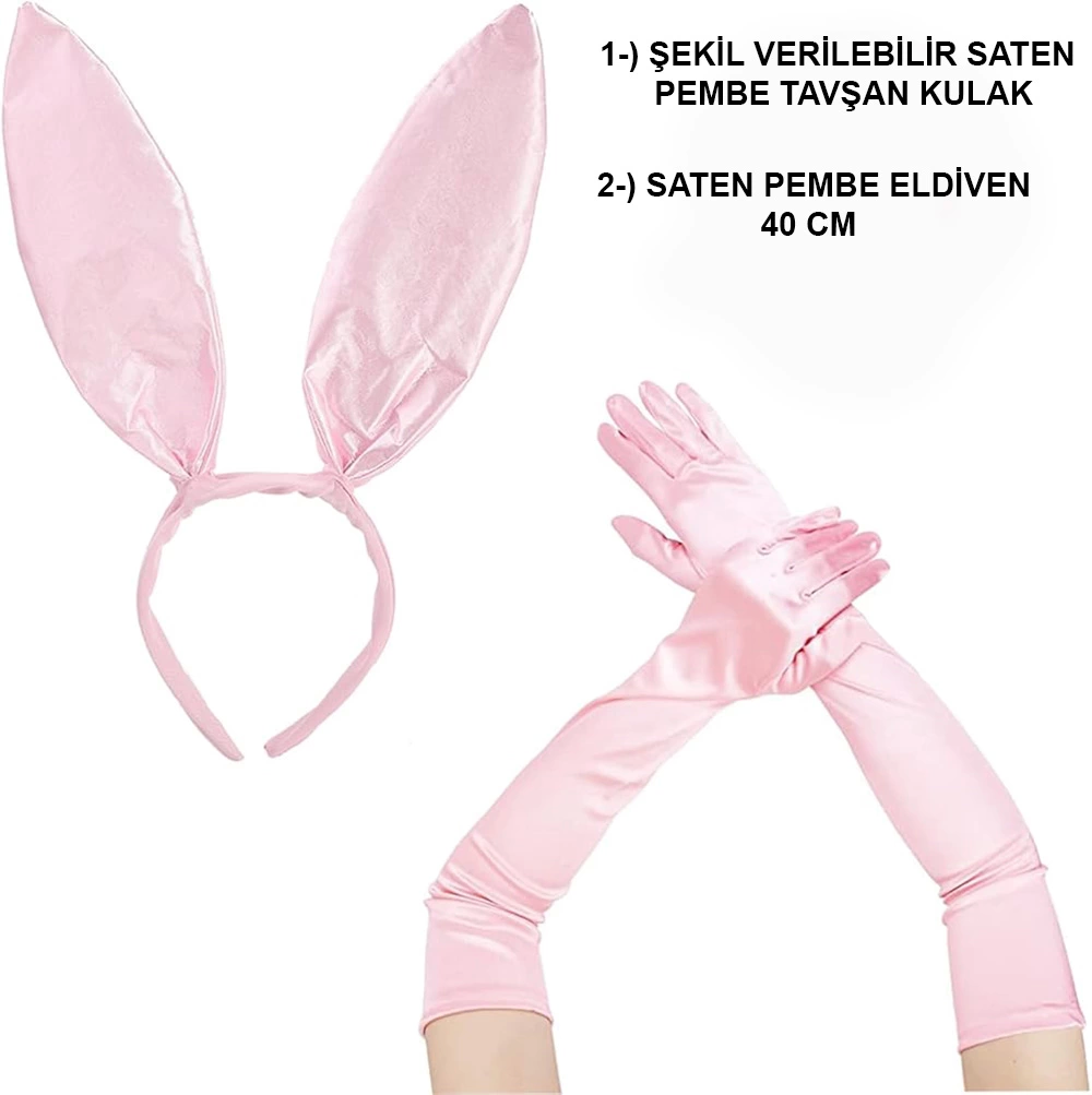 Saten Kaplama Soft Pembe Eldiven 40 Cm Ve Tavşan Kulak 2 Li Set - Lisinya