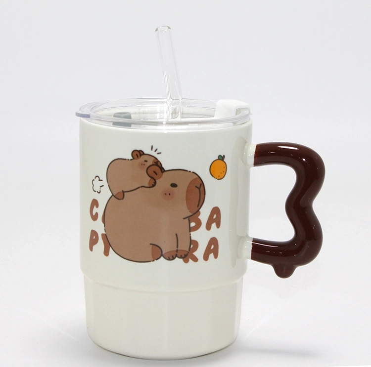 Sevimli Capybara Figürlü Kapaklı Porselen Kupa Bardak Alk5040 - Lisinya